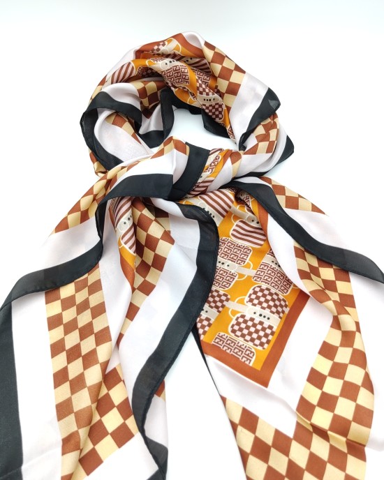 Coffee color imitation silk printed plaid square scarf